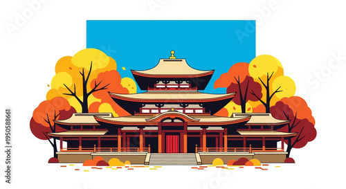 Japanese Temple in Autumn: Traditional Architecture, Vibrant Foliage, and Clear Sky