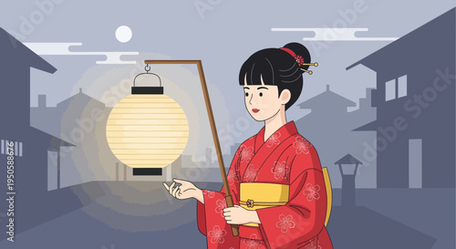 Japanese Woman in Kimono Holding Lantern at Night in Traditional Village