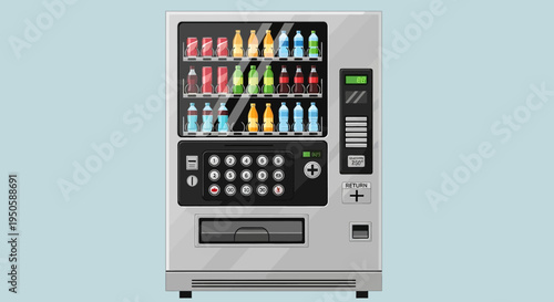 Modern Vending Machine Filled with Assorted Drinks on a Light Blue Background