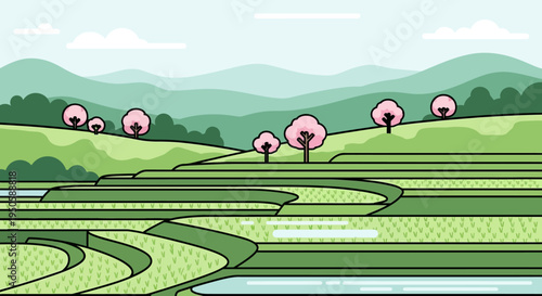 Serene Rice Terraces with Pink Cherry Blossoms in Rolling Green Hills