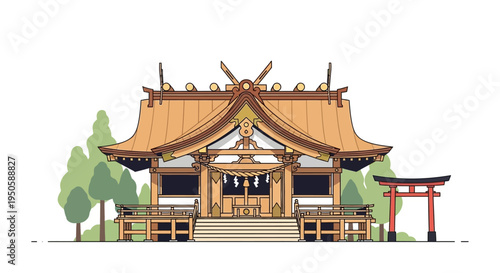 Traditional Japanese Shrine Building with Torii Gate and Lush Green Trees