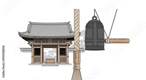Traditional Japanese Temple Bell and Structure