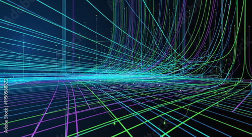 Vibrant neon grid lines converge in a futuristic digital tunnel on transparent background