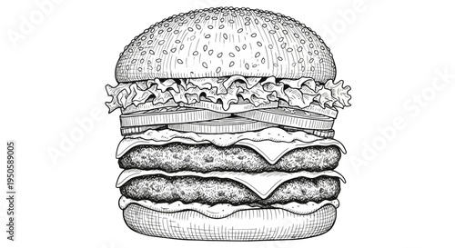 A Deliciously Rendered Hand-Drawn Illustration of a Double Cheeseburger with Fresh Toppings