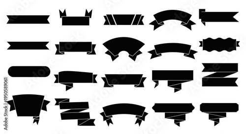 Versatile collection of black silhouette banners and elegant ribbons in various shapes, ideal for graphic design elements, labels, and decorative accents