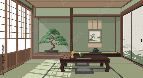 Japanese Tea Ceremony Room with Bonsai Tree and Tatami Mats