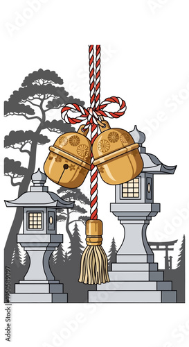 Japanese Temple Bells and Lanterns with Pine Tree Silhouette