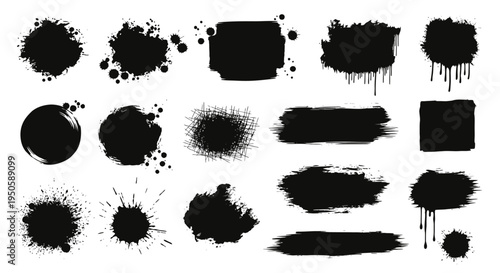 Dynamic collection of abstract black ink splatters, artistic brush strokes, and grunge textures, perfect for creative design projects, backgrounds, and overlay effects with a modern, edgy aesthetic