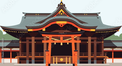 Traditional Japanese Shrine Architecture with Torii Gate - Vector Illustration