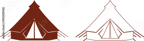 Camping tent icons set outdoor adventure shelter symbols with camp tents, mountain and forest travel elements for hiking tourism nature trip vector illustration design collection group