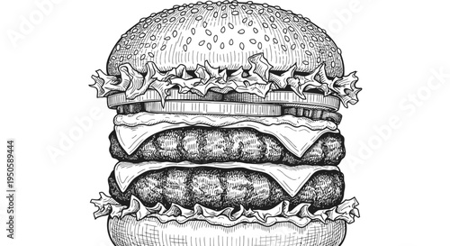 Hand-drawn illustration of a delicious, juicy double cheeseburger with fresh lettuce and onions on a sesame seed bun, perfect for food blogs and menus