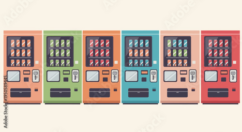 Colorful Vending Machines Lined Up, Offering Variety of Drinks
