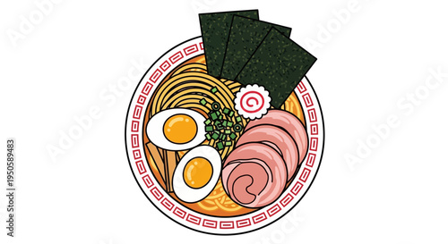 Delicious Ramen Bowl Illustration: Noodles, Egg, Pork, Seaweed, Narutomaki