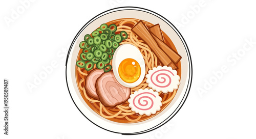 Delicious Japanese Ramen Bowl with Noodles, Egg, Pork, and Green Onions