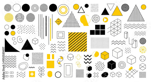 Dynamic assortment of contemporary vector graphics featuring diverse geometric patterns, abstract forms, and minimalist design components for modern creative projects