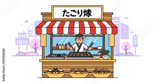 Japanese Takoyaki Street Food Stall with Chef Preparing Delicious Octopus Balls