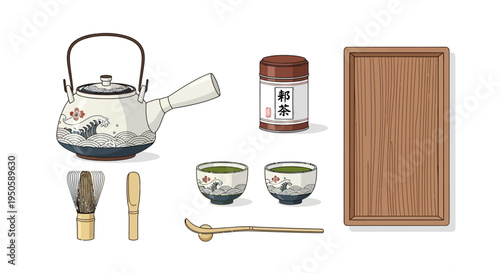 Japanese Tea Ceremony Set: Matcha Whisk, Bowl, Tea Caddy, and Tray