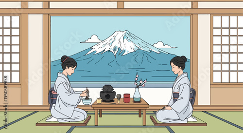 Japanese tea ceremony with Mt. Fuji background, traditional culture, serene atmosphere