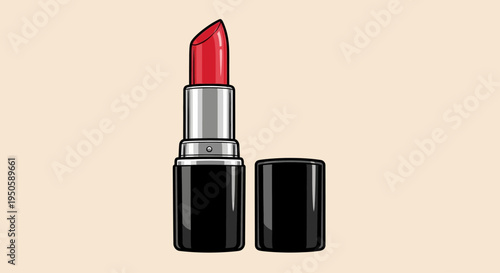 Vibrantly colored red lipstick in an open black and silver tube, presenting a classic beauty cosmetic essential for makeup and personal care routines