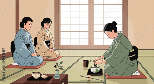 Japanese Women in Kimonos Performing Traditional Tea Ceremony Indoors