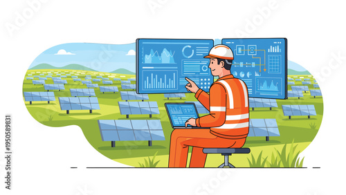 Solar Engineer in Action: An engineer monitors a vast solar farm, overseeing the efficient energy harvesting with computer, surrounded by panels and an interactive digital display.
