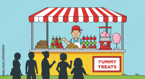 Street food stall with happy vendor and customers buying yummy treats