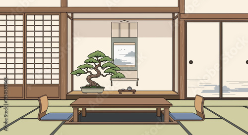 Traditional Japanese Room with Bonsai Tree and Tatami Mats