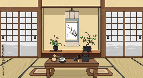 Traditional Japanese Room with Tea Ceremony Setting and Shoji Screens