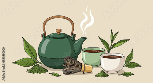 Green Tea Ceremony Set: Kettle, Cups, Matcha Powder, and Fresh Leaves