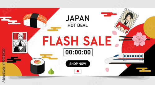 Japan Flash Sale Banner with Sushi, Train, and Cherry Blossoms - Hot Deal Promotion