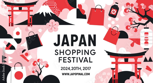 Japan Shopping Festival Banner with Mount Fuji, Torii Gates, and Shopping Bags