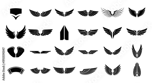 Diverse collection of stylized wing vector illustrations and graphic design elements, perfect for creating logos, emblems, and symbolic motifs representing freedom, flight, and aspiration