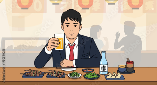 Japanese businessman enjoying beer and yakitori at izakaya