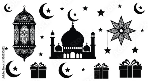 Set of 6 Ramadan icons vector, black and white