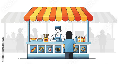 Street Food Vendor Serving Customer at Outdoor Stall with Hot Dogs and Pretzels