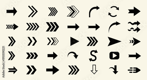 A collection of black arrow icons in various styles and directions, including straight, curved, double, and play buttons, on a light background