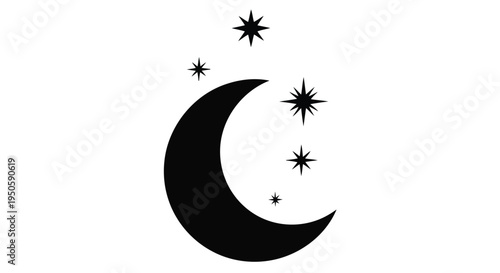 A crescent moon and stars graphic depicted in a minimalist black and white style