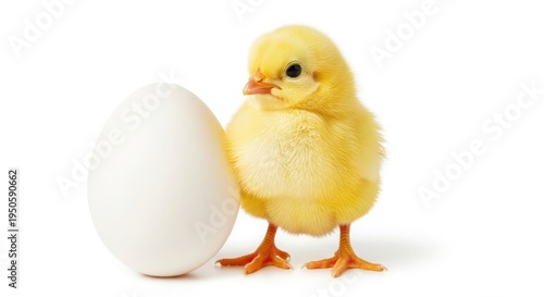 Easter sunday joy adorable yellow chick standing beside a large white easter egg on white background