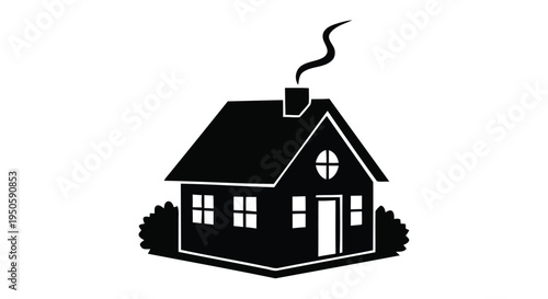 Simple black silhouette of a house with a chimney emitting smoke