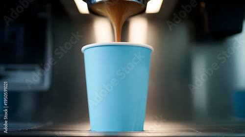 Fresh espresso pour into light blue paper cup, close-up view, coffee machine extraction process, invigorating morning beverage, warm drink