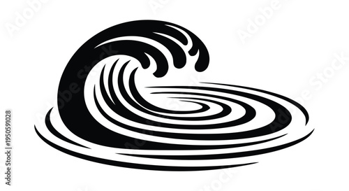 Stylized black and white illustration of a breaking ocean wave with swirling water
