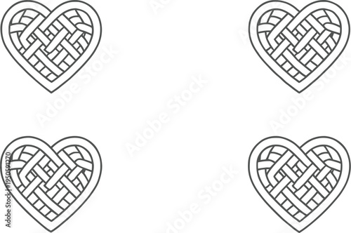 Set of four Celtic heart designs with interlaced knotwork geometric symmetrical traditional decorative vector illustration design