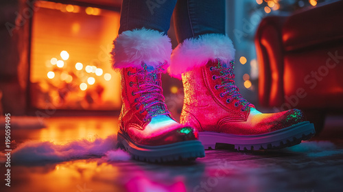 Wallpaper Mural Glowing neon boots with fur trim rest by a warm fireplace on a snowy night indoors with cozy lights Torontodigital.ca
