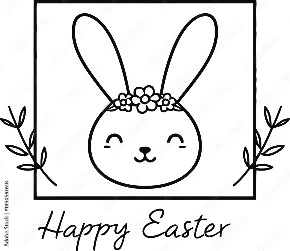 Obraz premium Cute bunny face with floral crown inside square border happy easter text black and white festive holiday vector illustration design