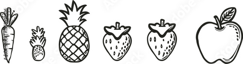Row of outlined fruits and vegetables including carrot pineapple strawberries and apple black and white educational vector illustration