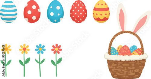 Festive Easter basket with decorated eggs bunny ears colorful flowers spring holiday celebration vector illustration design