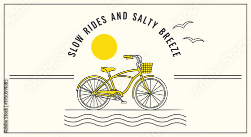 Vector illustration of yellow bicycle with basket by the sea, slow rides and salty breeze