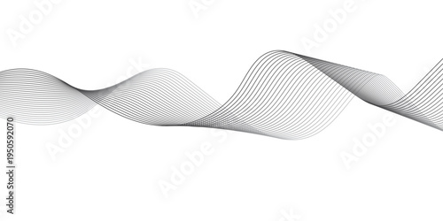 Abstract modern wave line pattern with smooth flowing gray curves on light gray and white background, creating a minimalist soundwave motion design with elegant parallel lines.