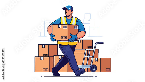 Speedy Courier: A dedicated delivery courier confidently navigates a stack of packages, symbolizing efficiency and reliability in the logistics industry.