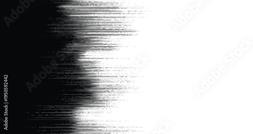 Abstract vector horizontal scanner lines blurring into white space with grainy gradient. High contrast monochrome motion noise pattern.